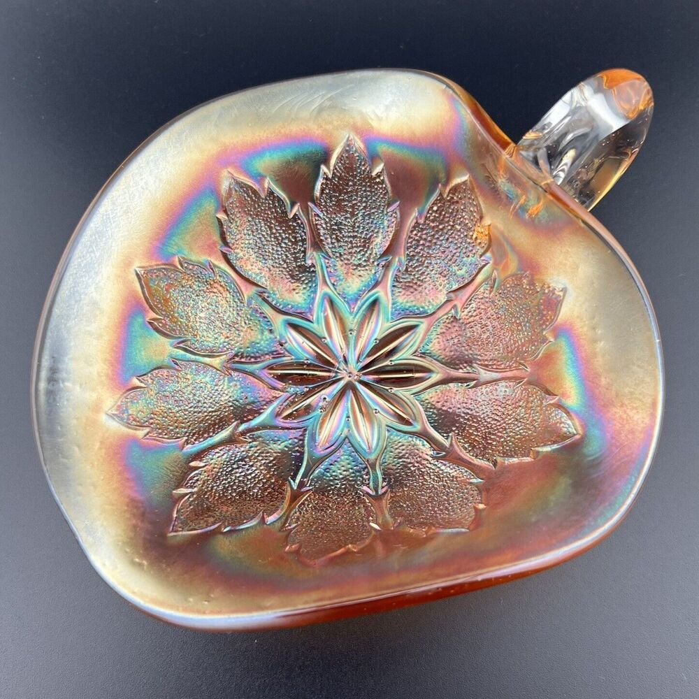 Carnival Glass Marigold Irridescent Leaf Shaped Nappy Dish w/Handle Vintage